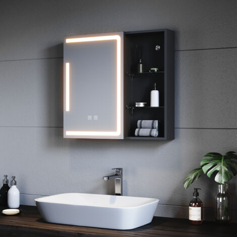 SONNI Spiegelschrank Bad mit Beleuchtung und Steckdose LED Spiegelschrank mit Touch-Schalter, 3 Einstellbare Lichtfarben Beschlagfrei, Halboffenes Lagerregal 65×60 cm
