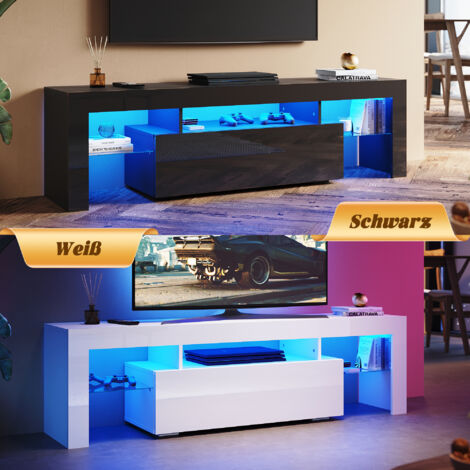 Stijlvolle tv-kast, laag paneel. Hoogglans wit en zwart, 200 cm, LED