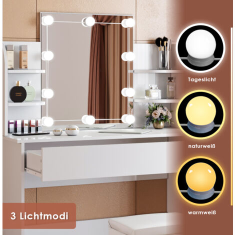SONNI Schminktisch Weiß mit Spiegel und Hocker,mit Led Spiegelleuchte,3 Beleuchtungsmodi und 10 Helligkeiten, Intelligente Speicherfunktion,108x40x140cm