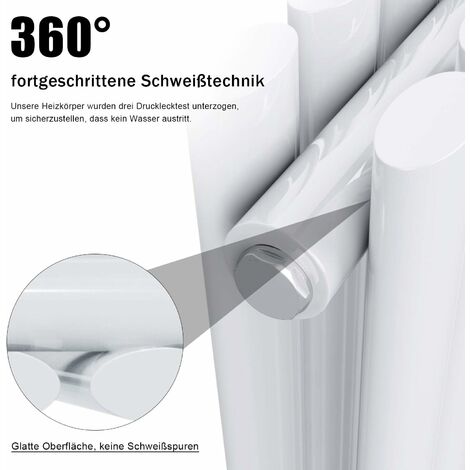 ELEGANT Design Heizkörper Weiß Doppellagig Röhrenheizkörper Oval Mittelanschluss Paneelheizkörper Vertikal 1800x354mm 1230Watt