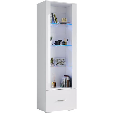 SONNI Vitrinenschrank 4 Fächer mit Schublade Hochglanz LED Bücherregal für Wohnzimmer, Schlafzimmer, Weiß 55x35x172cm