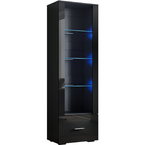 SONNI Vitrinenschrank 4 Fächer mit Schublade Hochglanz LED Bücherregal für Wohnzimmer, Schlafzimmer, Schwarz 55x35x172cm