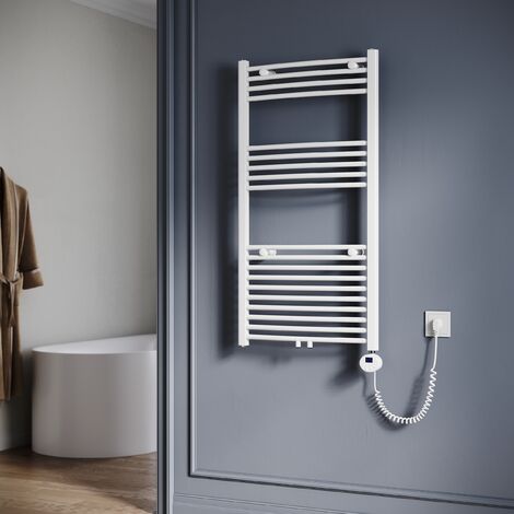 SONNI Elektrischer Handtuchheizkörper mit Thermostat Zwischenanschluss Handtuchtrockner weiß gebogen 1150x600m Leistung 600W