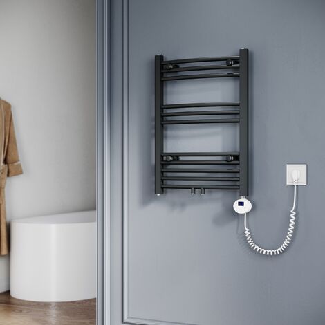 SONNI Elektrischer Handtuchheizkörper mit Thermostat Zwischenanschluss Handtuchtrockner Anthrazit gebogen 700 x 500 mm Leistung 400 W