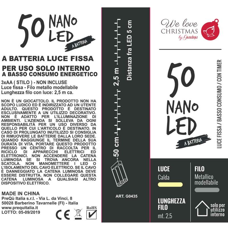 Catena luminosa a batteria 50 nano led a luce calda con filo modellabile