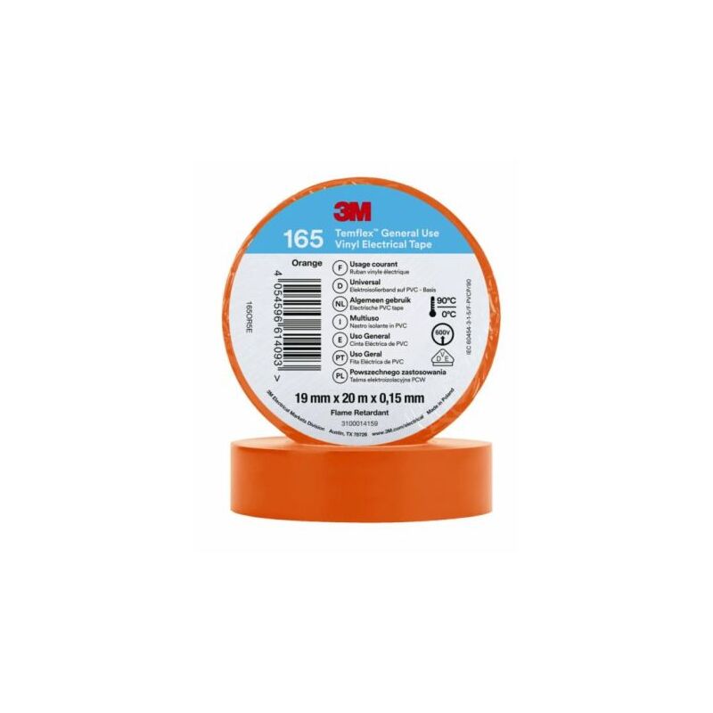 Ruban isolant 3M Temflex 155 en Vinyle Orange 20m x 19mm x 0.152mm ( Prix pour 1 )