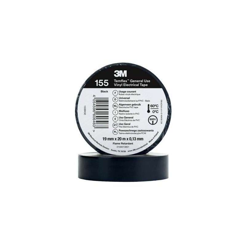 Ruban isolant 3M Temflex 155 en Vinyle Noir 20m x 19mm x 0.13mm ( Prix pour 1 )