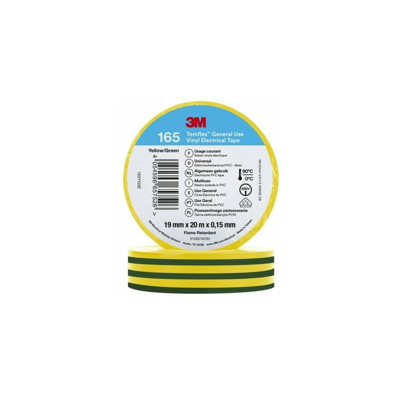 Ruban isolant 3M Temflex en Vinyle Vert, Jaune 20m x 19mm x 0.152mm ( Prix pour 1 )