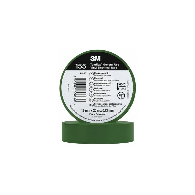 Ruban isolant 3M Temflex 155 en Vinyle Vert 20m x 19mm x 0.13mm ( Prix pour 1 )