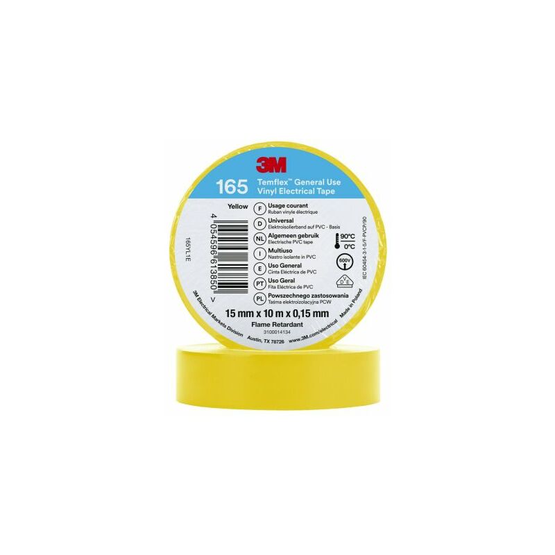 Ruban isolant 3M Temflex 165 en Vinyle Jaune 10m x 15mm x 0.152mm ( Prix pour 1 )