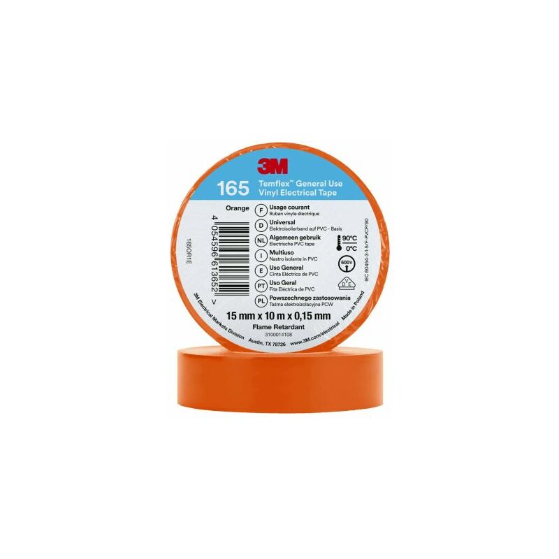 Ruban isolant 3M Temflex 165 en Vinyle Orange 10m x 15mm x 0.152mm ( Prix pour 1 )