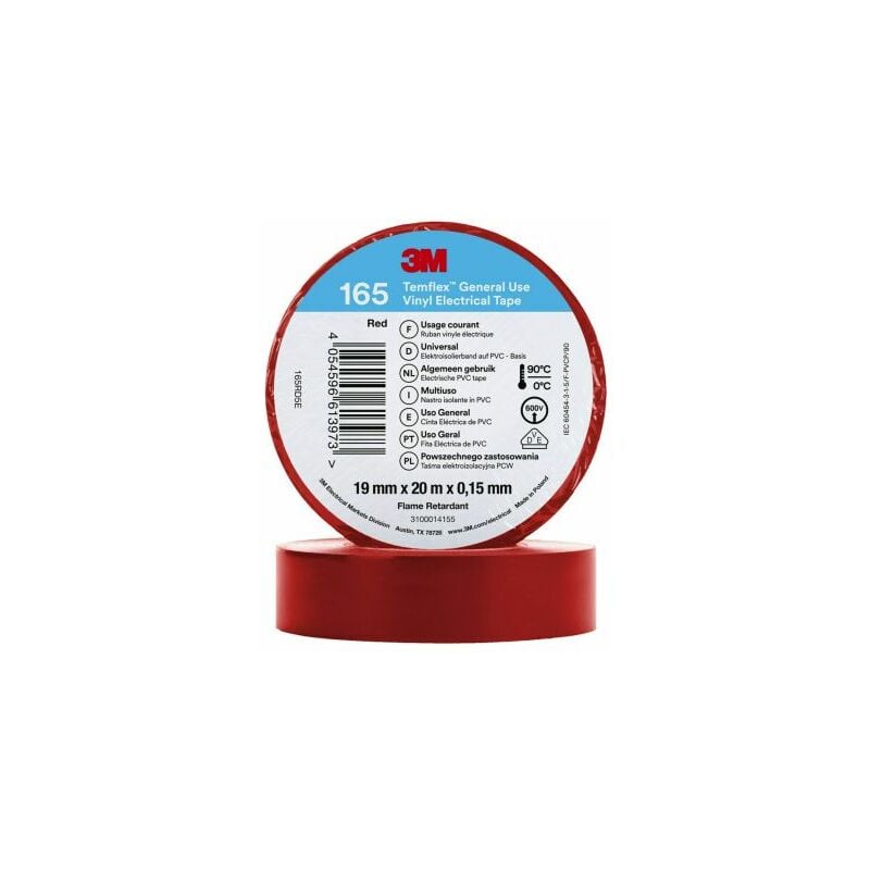 Ruban isolant 3M Temflex 165 en Vinyle Rouge 20m x 19mm x 0.152mm ( Prix pour 1 )