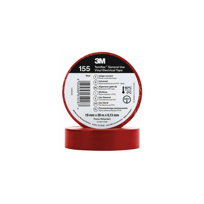 Ruban isolant 3M Temflex 155 en Vinyle Rouge 20m x 19mm x 0.13mm ( Prix pour 1 )