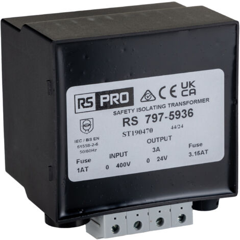 Transformateur rail DIN, Vin 400V c.a., Vout 24V c.a., 72VA, sorties ( Prix pour 1 )