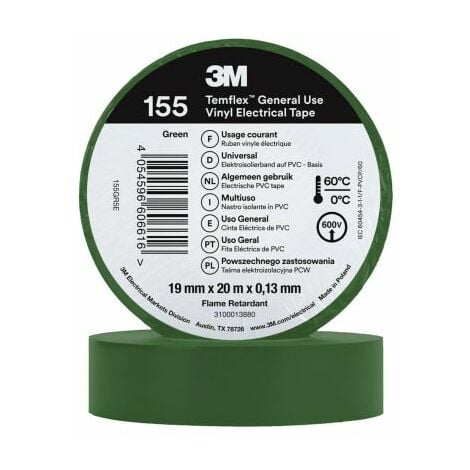 Ruban isolant 3M Temflex 155 en Vinyle Vert 20m x 19mm x 0.13mm ( Prix pour 1 )
