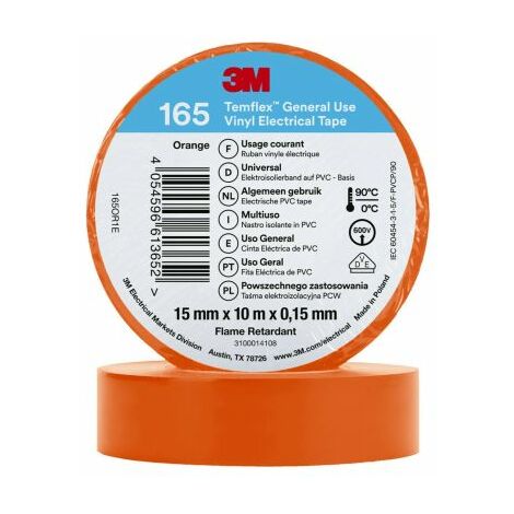 Ruban isolant 3M Temflex 165 en Vinyle Orange 10m x 15mm x 0.152mm ( Prix pour 1 )