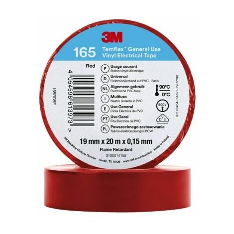 Ruban isolant 3M Temflex 165 en Vinyle Rouge 20m x 19mm x 0.152mm ( Prix pour 1 )