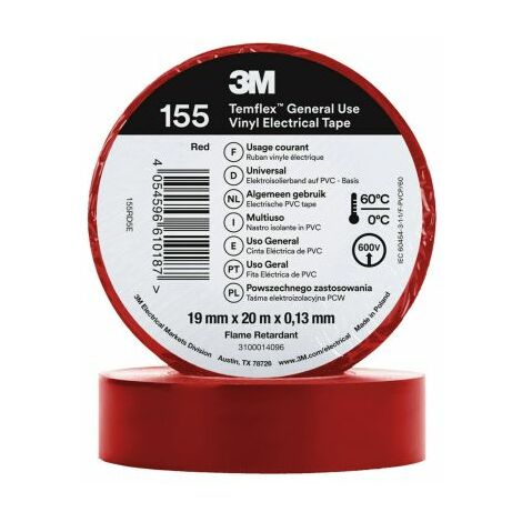Ruban isolant 3M Temflex 155 en Vinyle Rouge 20m x 19mm x 0.13mm ( Prix pour 1 )