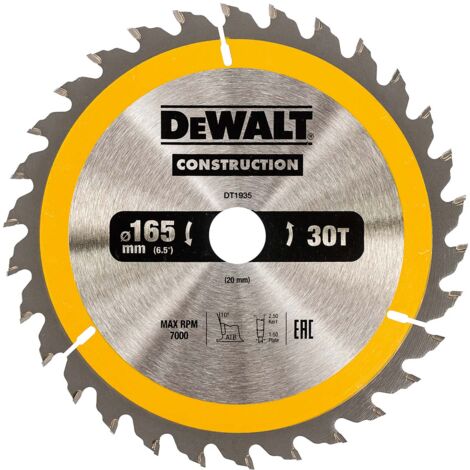 Dewalt – Lame de scie circulaire 165mm 30T DT1935QZ – Carbure de tungstène pour bois cloué – Coupe nette et rapide – Diamètre d'arbre 20mm