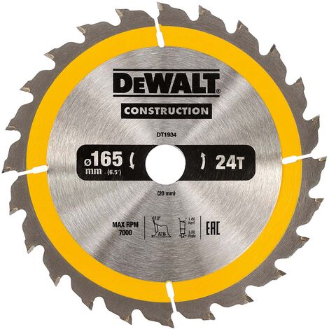 Dewalt – Lame de scie circulaire 165mm 24T DT1934QZ – Pour bois de construction et matériaux composites – Alésage 20mm – Coupe nette sans éclat