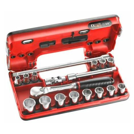 Facom – Coffret cliquet et douilles 3/8' – 18 pièces – Douille 6 points en polymère PCPBT – Concept Detection BOX pour identification rapide