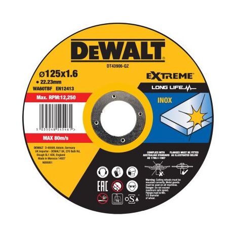 Dewalt – Disque à tronçonner 125 mm – Grain oxyde d'aluminium pour acier inoxydable – Épaisseur 1,6 mm – Vitesse max 12 250 tr/min - DT43906