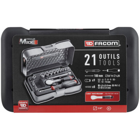Facom – Coffret multi-outils 21 pièces – Douilles 6 points 1/4' – Cliquet réversible étanche à la poussière – Pour travaux mécaniques