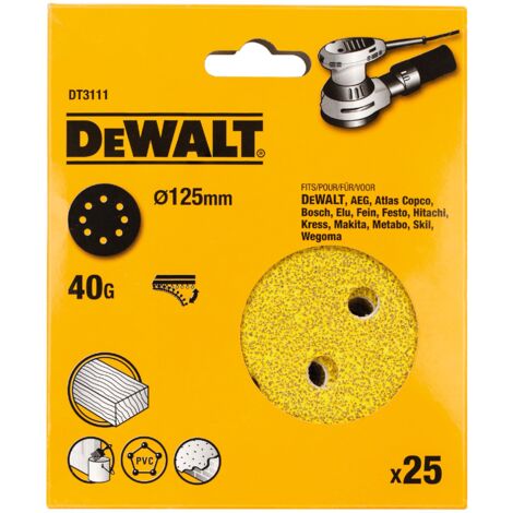 Dewalt – Meules orbitales abrasives 125 mm grain 40 – Pack de 25 disques velcro – Pour bois dur et matériaux composites – Aspiration poussière optimisée - DT3111-QZ