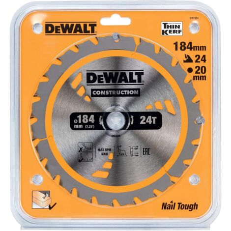 Dewalt – Scie circulaire 184 mm DT1951QZ – Alésage 20 mm – 24 dents pour bois de construction – Coupe nette sans éclat