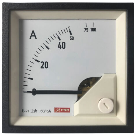 Ampèremètre analogique de panneau V c.a. RS PRO, Echelle 10 (Input) A, 100 (Scle) A, 50/5 (CT) A, 72mm x 72mm ( Prix pour 1 ) (1/3)