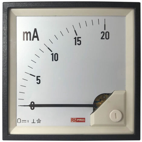 Ampèremètre analogique de panneau V c.c. RS PRO, Echelle 20 (Input)mA, 96mm x 96mm ( Prix pour 1 ) (1/3)