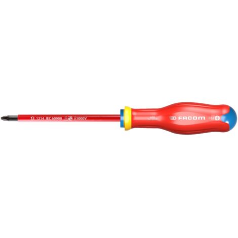 Facom – Tournevis cruciforme PZ 2 – Longueur 125 mm – Isolation 1000V – Lame traitée Zinc-Nickel-Chrome – Ergonomie Soft Grip - ATD2X125VE