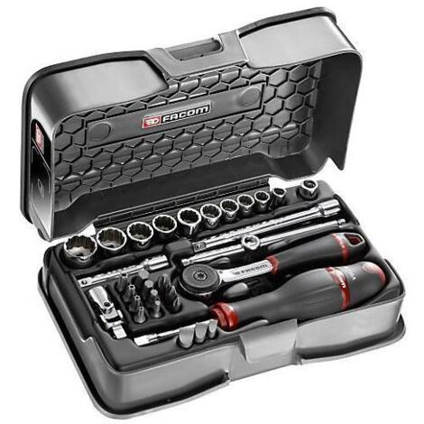 Facom – Coffret cliquet et douilles 1/4'' carré – Jeu de 31 pièces – Douilles de 5.5 à 14 mm – Pour travaux mécaniques intensifs (1/3)