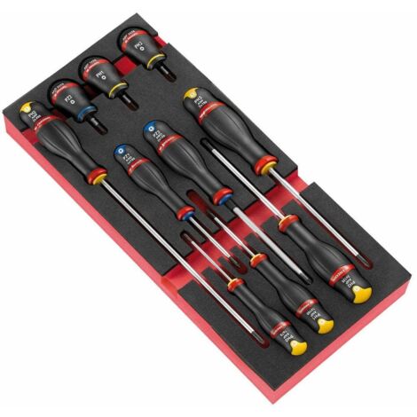 Facom – Tournevis modulable 10 pièces – Pour bois dur et teck – Mousse haute densité pour rangement optimisé – Résistant aux hydrocarbures