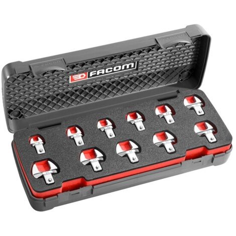 Facom – Coffret d'embouts 9x12 mm fourche métrique – 11 pièces – Finition chromée – Normes ISO 691 – Utilisation avec un bouton-poussoir