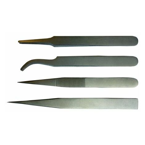Kit de brucelles RS PRO KIT4-2T pointe Incurvé, Fin, Plat, Arrondi en acier austénitique à faible de teneur en carbone, ( Prix pour 1 )