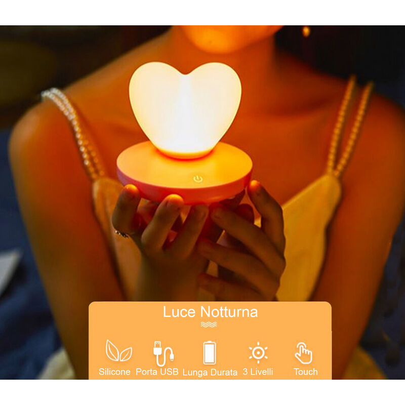 Lampada Led Touch Tavolo Cuore Luce Notturna Batteria Portatile 3 Intesita'  Luce
