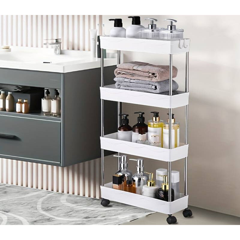 Carrello Portaoggetti A 4 Livelli Su Ruote – Stretto 18 Cm Con Ganci E Tazze Appendibili, Bianco, Per Cucina Bagno E Ufficio