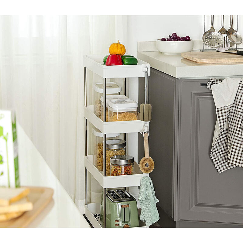 Carrello Portaoggetti GYMAX A 4 Ripiani – Sottile E Stretto Con Ruote, In Legno Bianco, Per Cucina E Bagno
