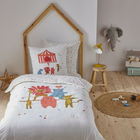 Parure de lit enfant 100% coton réversible animaux cirque 140x200cm – Tissage 57 fils/cm² – Lavable 60°C en machine – Future Home