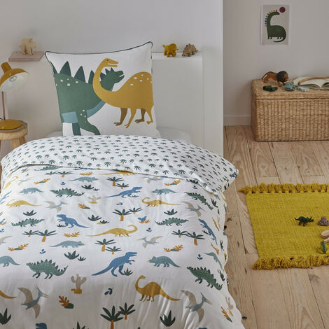 Parure de lit enfant en coton 140x200 cm – Imprimé dinosaures colorés – Housse de couette et taie d'oreiller incluses – Lavable en machine – Future Home