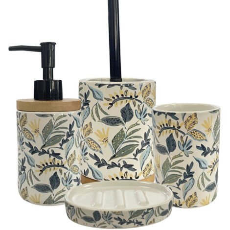 Set salle de bain 4 pièces en céramique bleu – Motifs floraux et feuillus – Dimensions distributeur 7.2x7.2x9.8cm – Décoration naturelle – Guy Levasseur