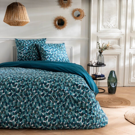Parure de lit 2 personnes en coton 57 fils – Dimensions 240x220 cm – Imprimé aquarelle bleu canard – Housse de couette et 2 taies d'oreiller – Future Home