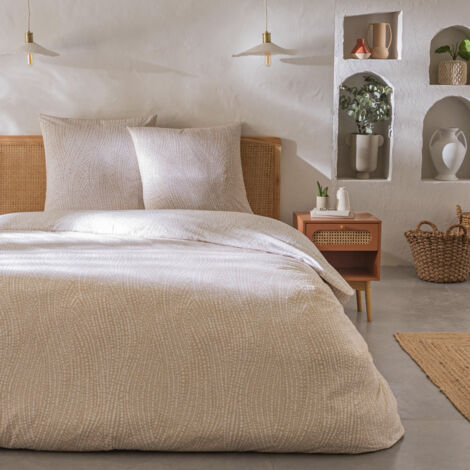 Parure de lit 2 personnes en coton 57 fils imprimé géométrique beige 260x240cm – Housse de couette + 2 taies 63x63cm – Lavable à 60° – Future Home