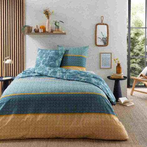 Parure de lit 2 personnes en coton 57 fils – Imprimé feuillage vert – Dimensions 240x220 cm – Housse de couette et 2 taies d'oreiller – Future Home