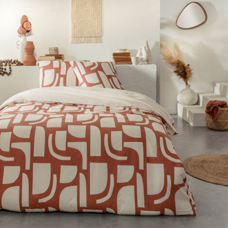 Parure de lit géométrique bicolore 240x220cm en coton – Motif vintage ocre et terracotta – Housse de couette et 2 taies d'oreiller 63x63cm – Future Home