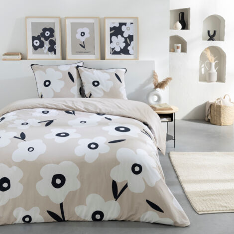 Parure de lit 240x220cm en coton 57 fils – Imprimé beige – 1 housse de couette et 2 taies d'oreiller 63x63cm – Future Home