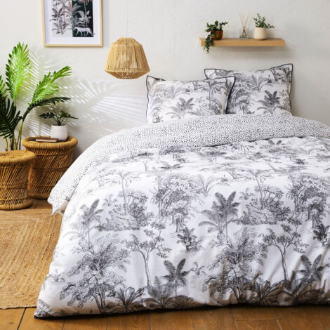 Parure de lit 2 personnes en coton 57 fils imprimé jungle 240x220cm – Housse de couette avec boutons – 2 taies d'oreiller 63x63cm – Future Home