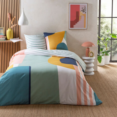 Parure de lit 2 personnes 260x240 cm en coton géométrique – Housse réversible rose et multicolore – Lavable en machine à 60° – Future Home (1/5)