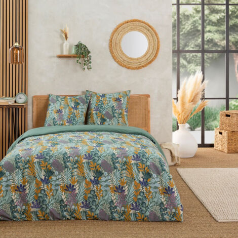 Parure de lit 2 personnes 100% coton réversible – Motif végétal tropical – Housse de couette 240x220cm – 2 taies d'oreiller 63x63cm – Future Home